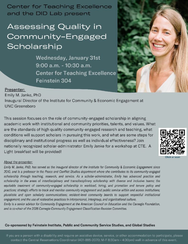 Flyer for Assessing Quality in Community-Engaged Scholarship event. Presented by Emily M. Janke. 