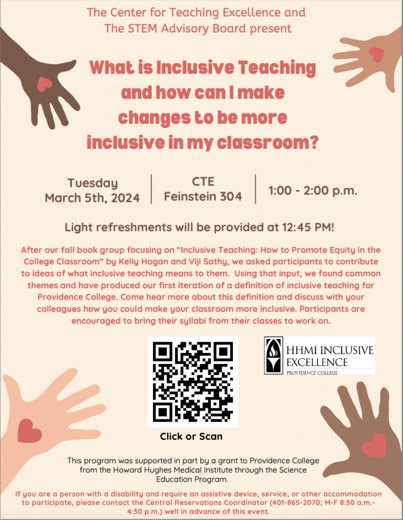 Flyer for What is inclusive Teaching and how can I make changes to be more inclusive in my classroom? 