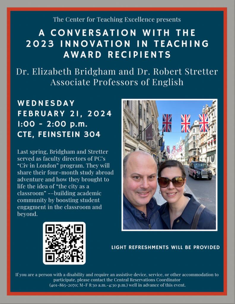 Flyer for A Conversation with the 2023 Innovation in Teaching Award Recipients event. Presented by Dr. Elizabeth Bridgham and Dr. Robert Stretter Associate Professors of English 