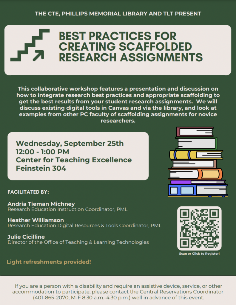 Best Practices for Creating Scaffolded Research Assignments event flyer. 