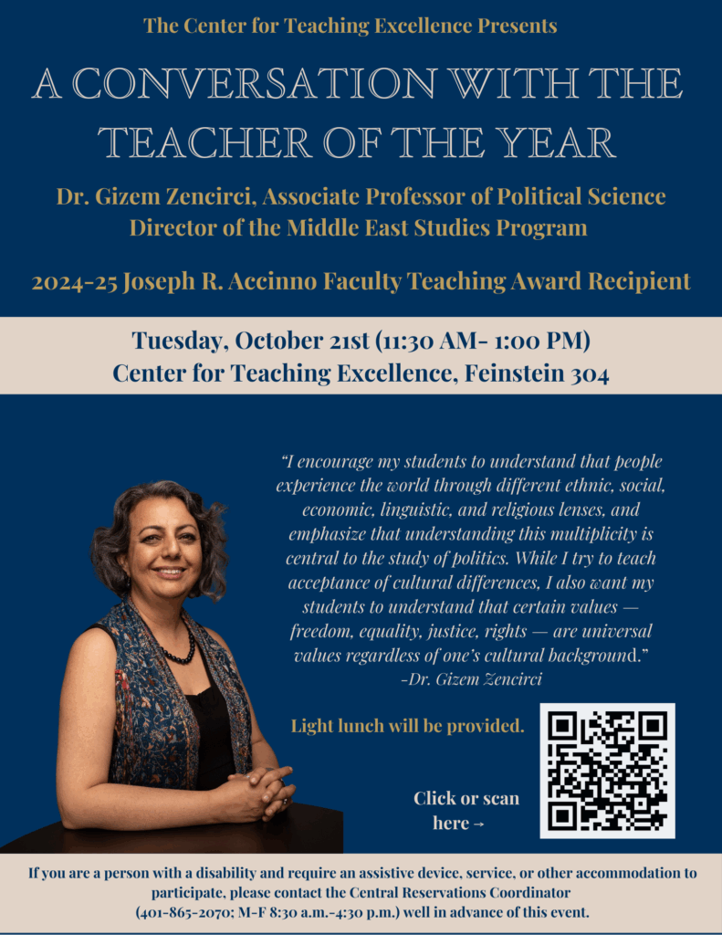 A conversation with the 2025 teacher of the year flyer featuring Dr. Gizem Zencirci