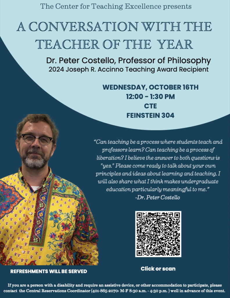 Flyer for "A Conversation with the Teach of the Year" Event. Hosted by Dr. Peter Costello, Professor of Philosophy. 